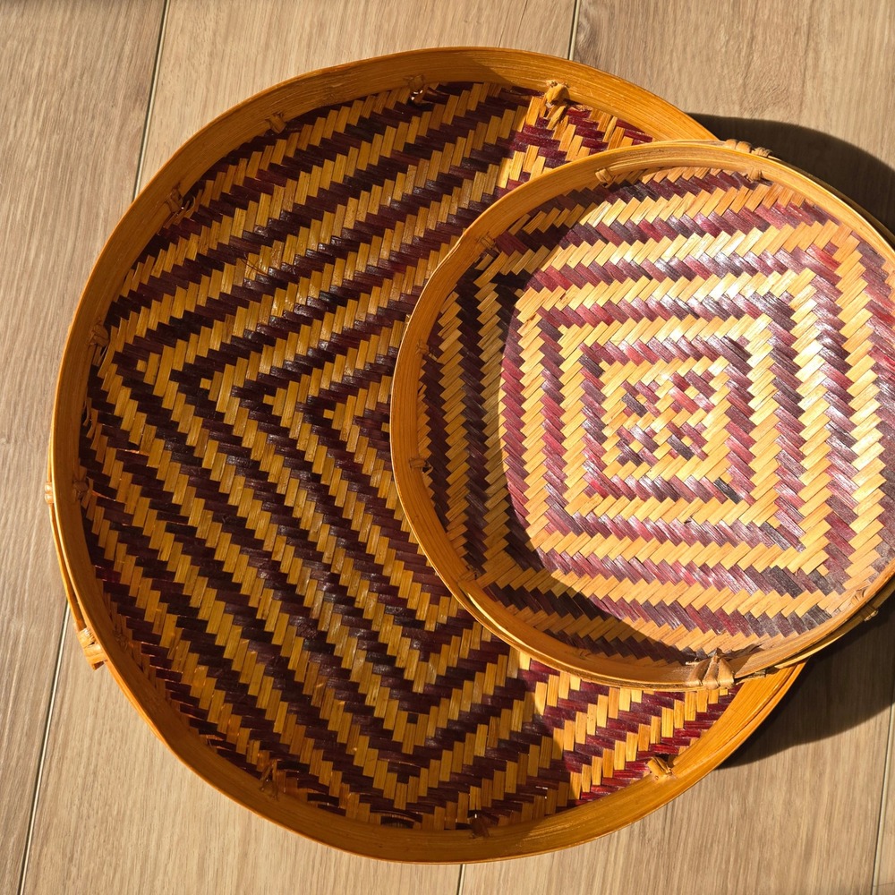 Vintage Woven Bamboo Winnowing Baskets Set of 2 Boho Wall Decor Trays Geometric